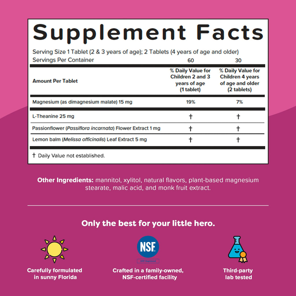 Renzo's Captain Calm Kids Magnesium Supplement with L-Theanine, Dissolvable Kids Vitamins for Relaxation and Mood Support, Sugar-Free Melty Tabs, Green Apple Flavor, 60-Count (1-2 Month Supply)