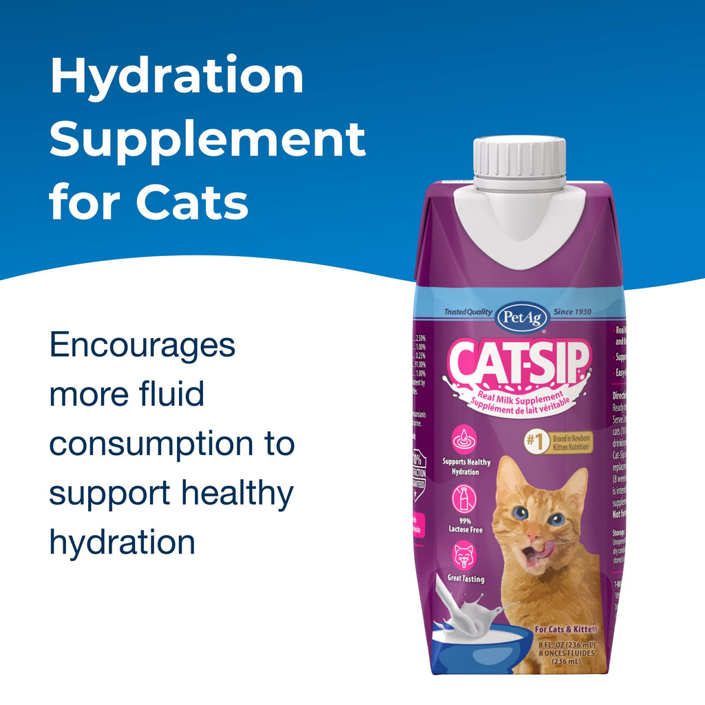 Pet-Ag Cat-Sip Real Milk - 8 oz, 4 Pack - Ready-to-Feed Snack for Cats & Kittens - Easy to Digest with 99% Lactose-Free, Low-Fat Grade A Milk - Encourages Hydration