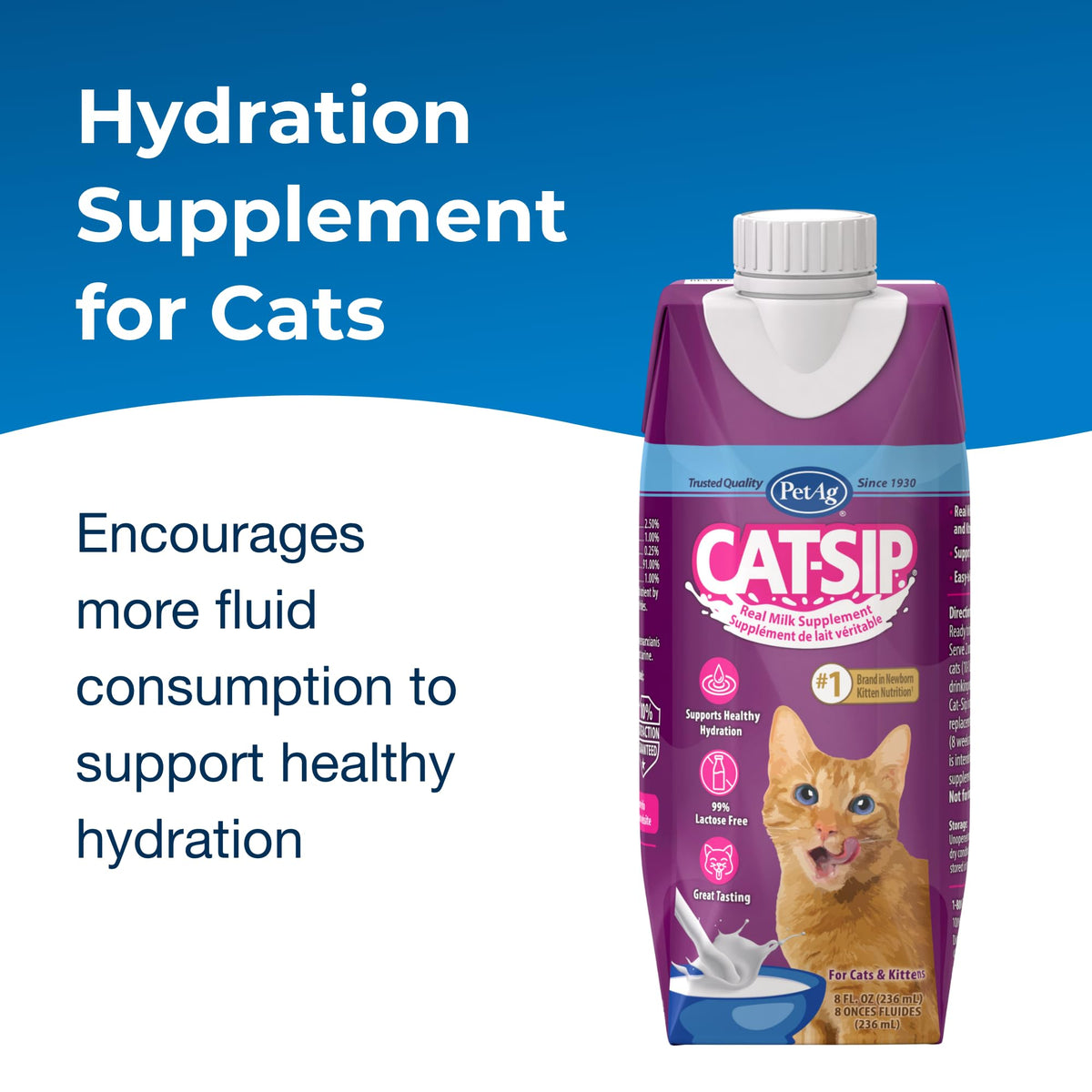 Pet-Ag Cat-Sip Real Milk - 8 oz, 4 Pack - Ready-to-Feed Snack for Cats & Kittens - Easy to Digest with 99% Lactose-Free, Low-Fat Grade A Milk - Encourages Hydration