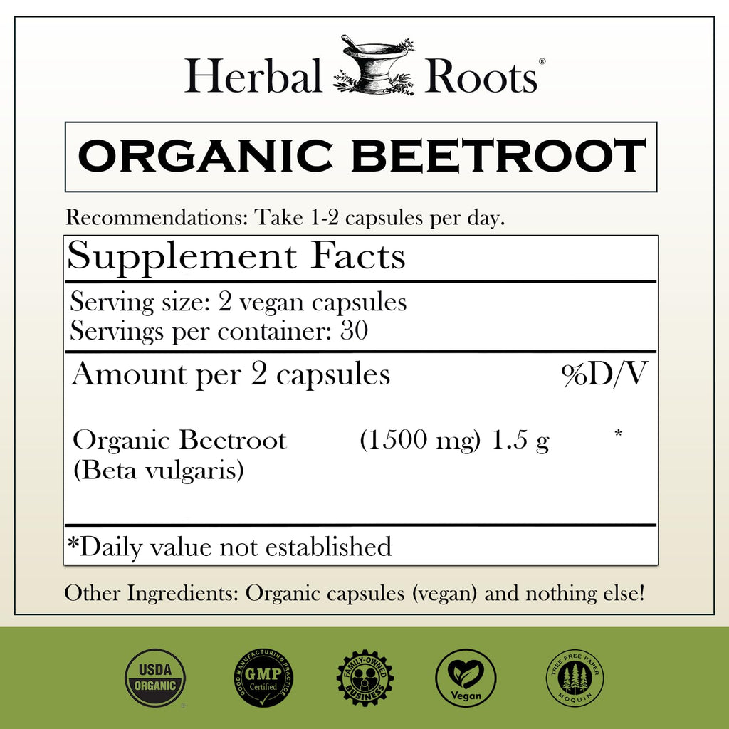 Herbal Roots Organic Beet Root Powder Capsules - Heart Health - Certified USDA Organic - 60 Count Vegan Capsules