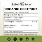 Herbal Roots Organic Beet Root Powder Capsules - Heart Health - Certified USDA Organic - 60 Count Vegan Capsules