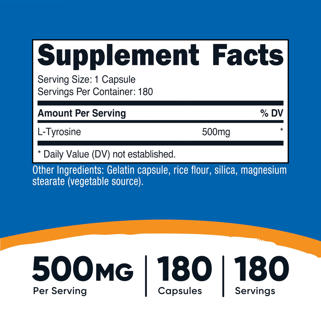 Nutricost L-Tyrosine Supplement 500mg, 180 Capsules, Gluten-Free, GMO-Free