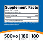 Nutricost L-Tyrosine Supplement 500mg, 180 Capsules, Gluten-Free, GMO-Free