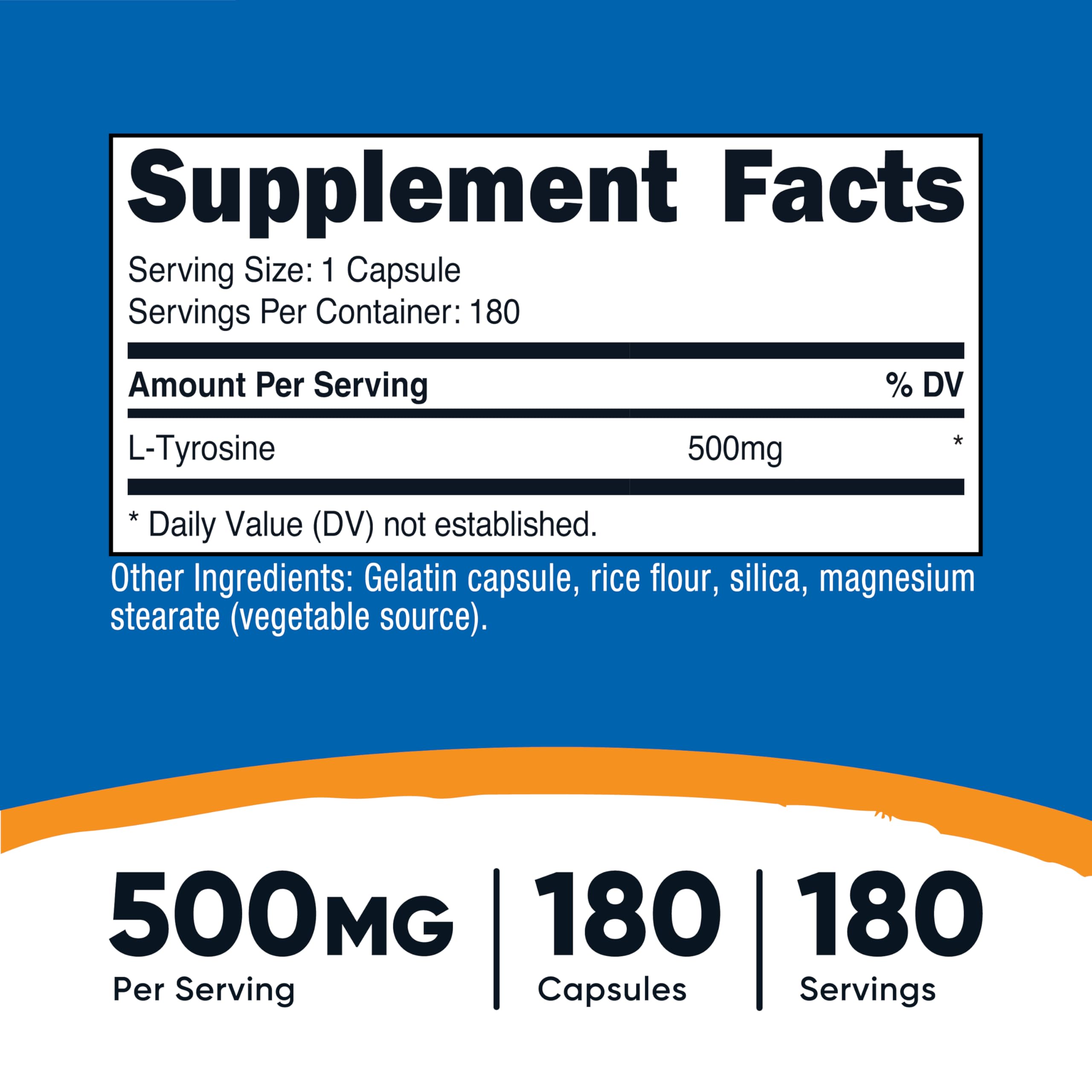 Nutricost L-Tyrosine Supplement 500mg, 180 Capsules, Gluten-Free, GMO-Free