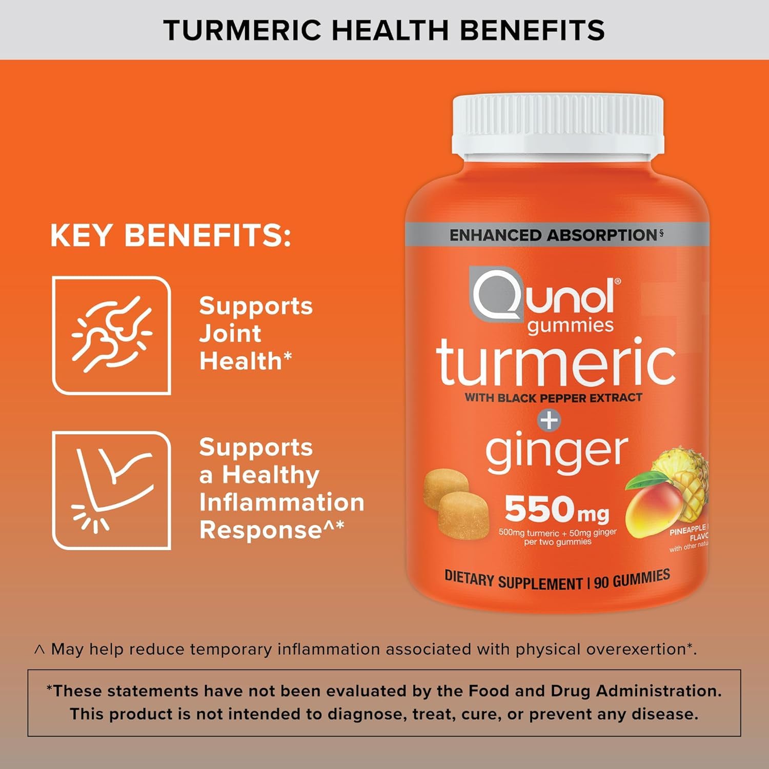 Qunol Turmeric + Black Pepper & Ginger Gummy 550mg Enhanced Absorption 90ct | Gluten Free Supplement that Supports Joint Health and a Healthy Inflammation Response, Delicious Pineapple Mango Flavor