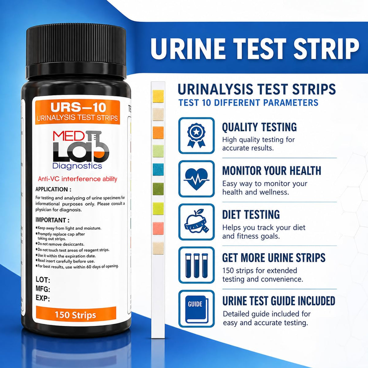 Med Lab 10 Parameter Urine Test Strips for Urinalysis, 150 Strips