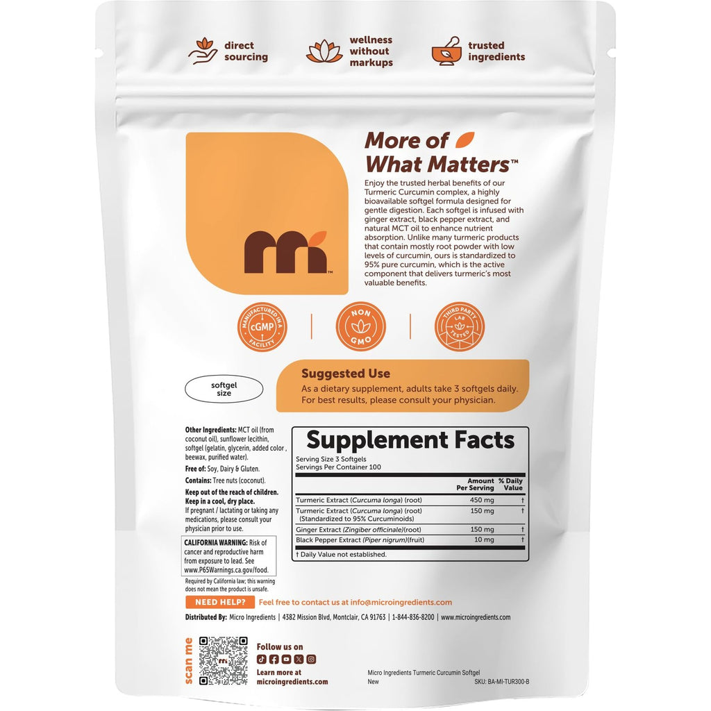 Micro Ingredients Turmeric Curcumin Supplement with Black Pepper & Ginger, 300 Softgels | Made with MCT Oil | 95% Curcuminoids | Non-GMO, Gluten Free