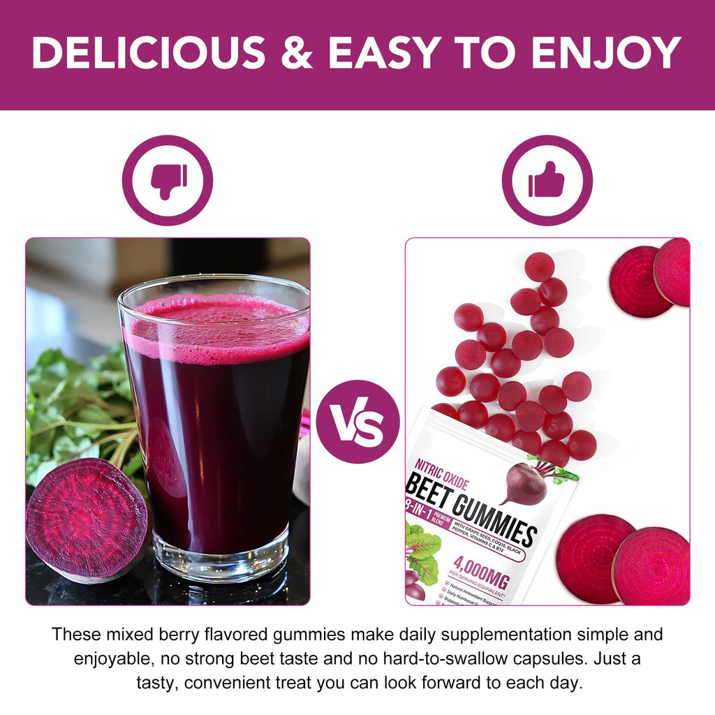 90 Chews Beet Root Gummies, Sugar Free | 8 in 1 Beet Root Extract with CoQ10, Grapeseed Extract 90 Chews for Antioxidant, Promoting Nitric Oxide, Energy Level Suport, with Vitamin B12, C