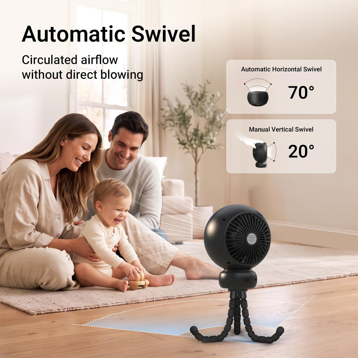 MAMAZING Portable Stroller Fan for Cooling, 70° Auto Oscillation, 5000mAh