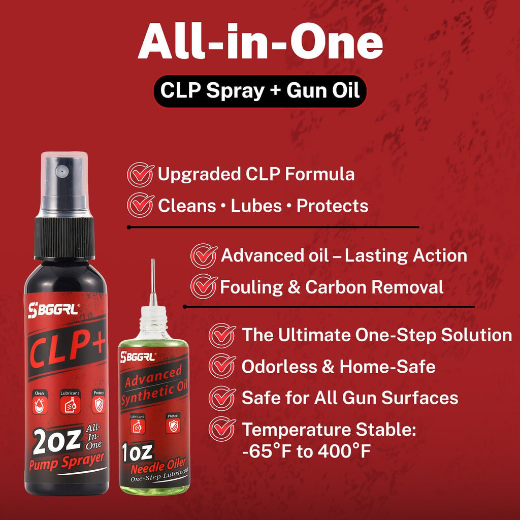 CLP Gun Oil Cleaner & Lubricant Kit - Universal Gun Cleaning Set with 2oz Spray & 1oz Needle Oiler, Synthetic Rust Preventative Solvent for Handgun, Pistol, Rifle, Shotgun, 50 Patches & 10 Swab