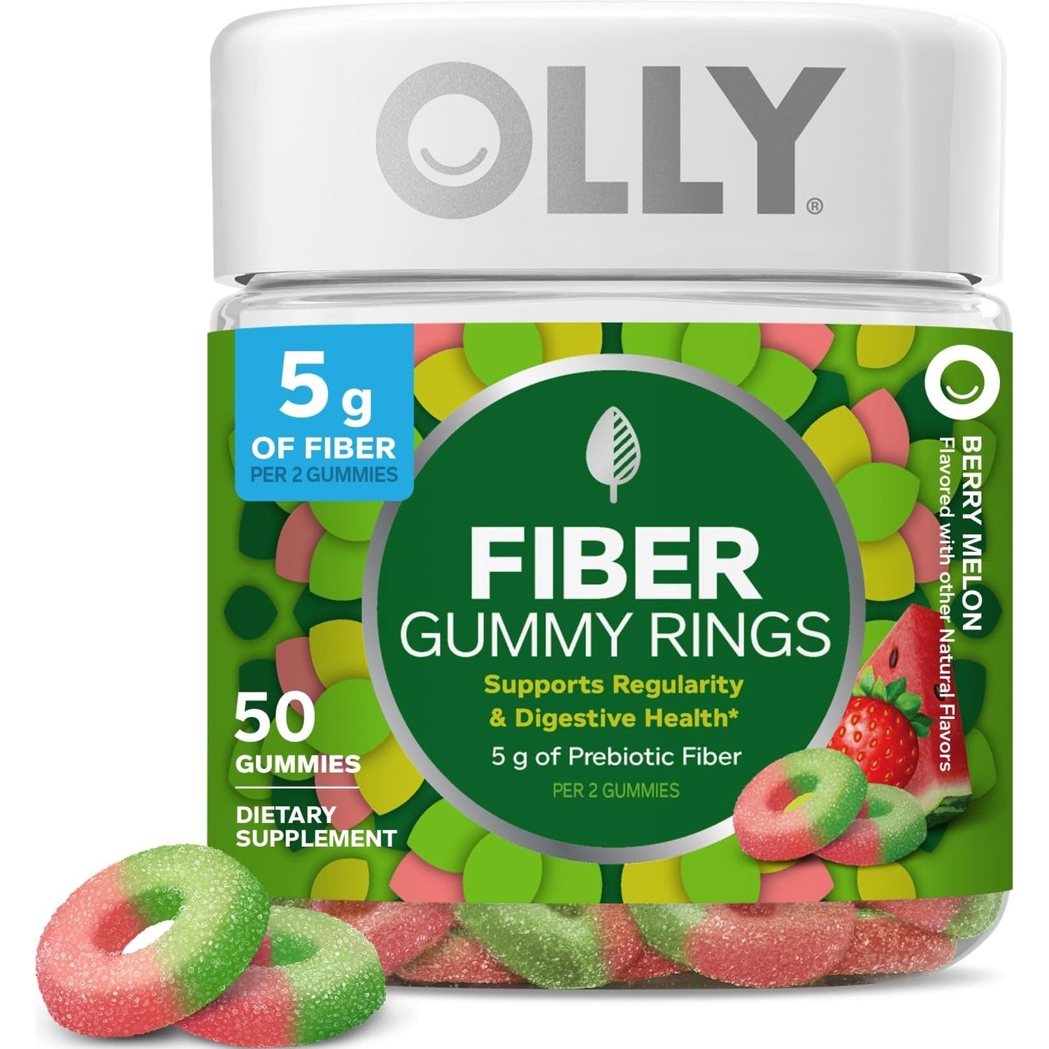 OLLY Fiber Gummy Rings, Digestive Health Supplement, Berry Melon - 50 Count