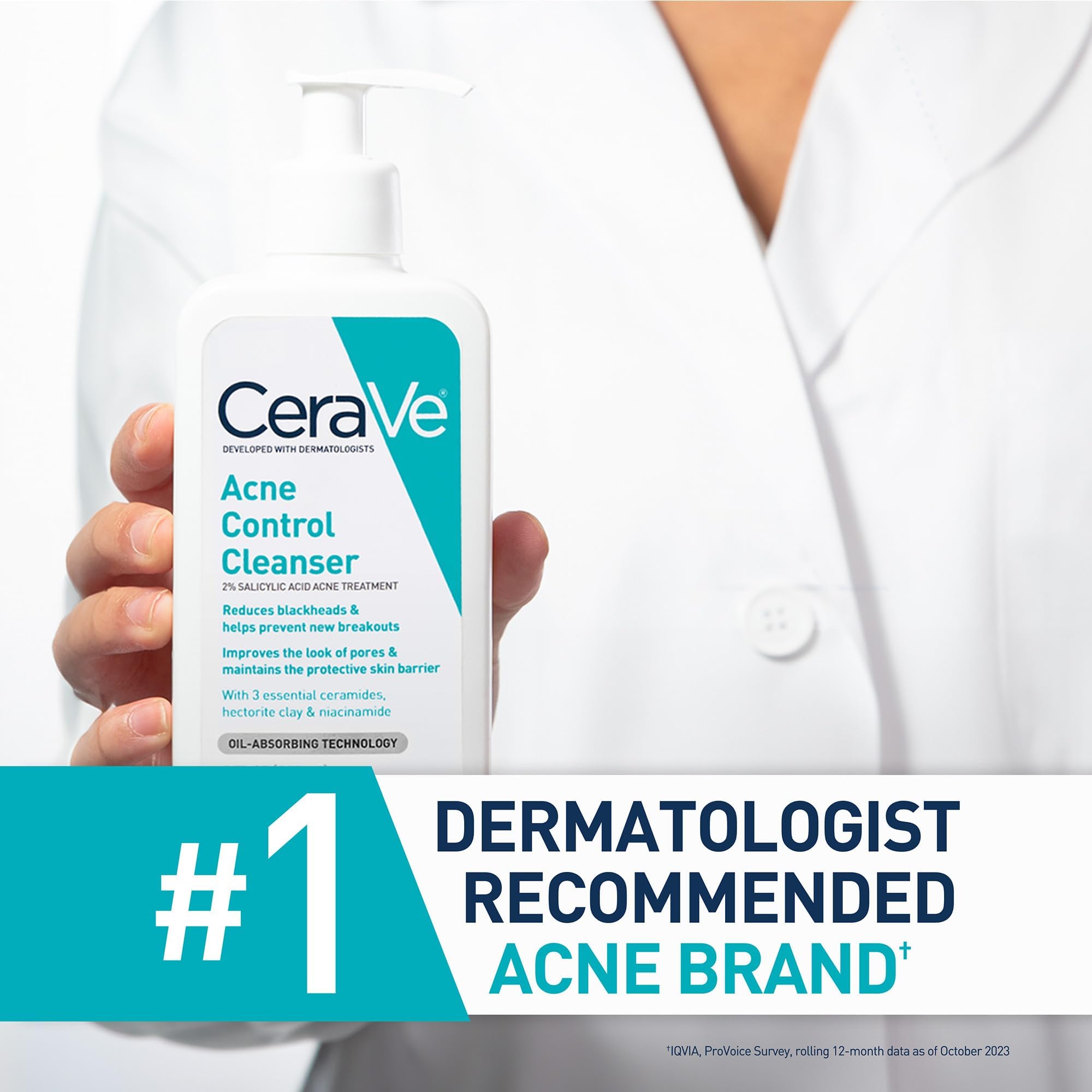CeraVe Acne Control Cleanser, Face Wash with 2% Salicylic Acid, 8 oz | Skin Care with Niacinamide, Acne Face Wash, Acne Treatment For Face, Ceramides, Fragrance Free, Gentle, Oil Absorbing Clay