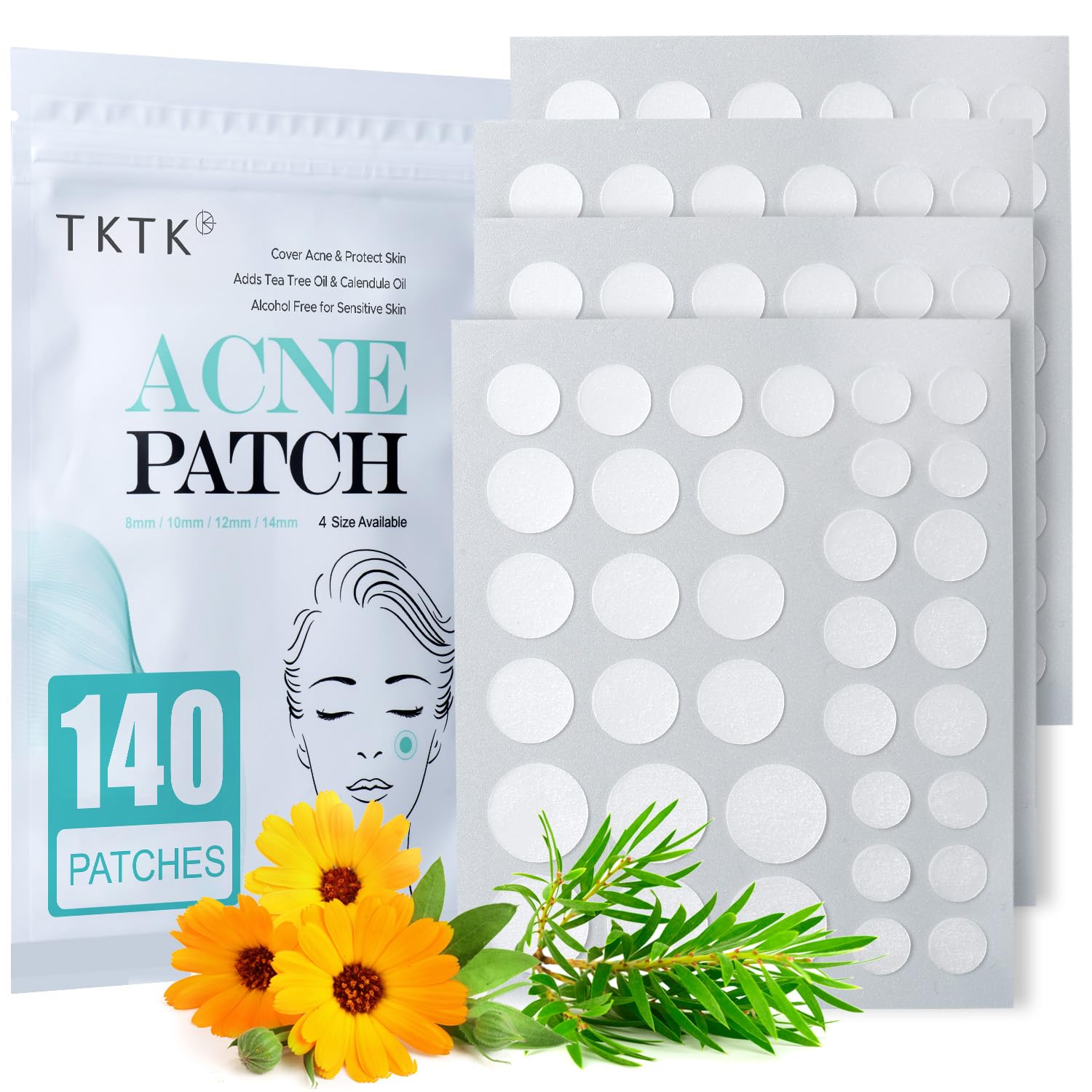 TKTK Pimple Patch for Face, Hydrocolloid Acne Absorbing Dots, 4 Sizes 140CT | Invisible Acne Patches Zit Stickers with Tea Tree & Calendula Oil, for Blemishes & Breakouts,Safe for Sensitive Skin