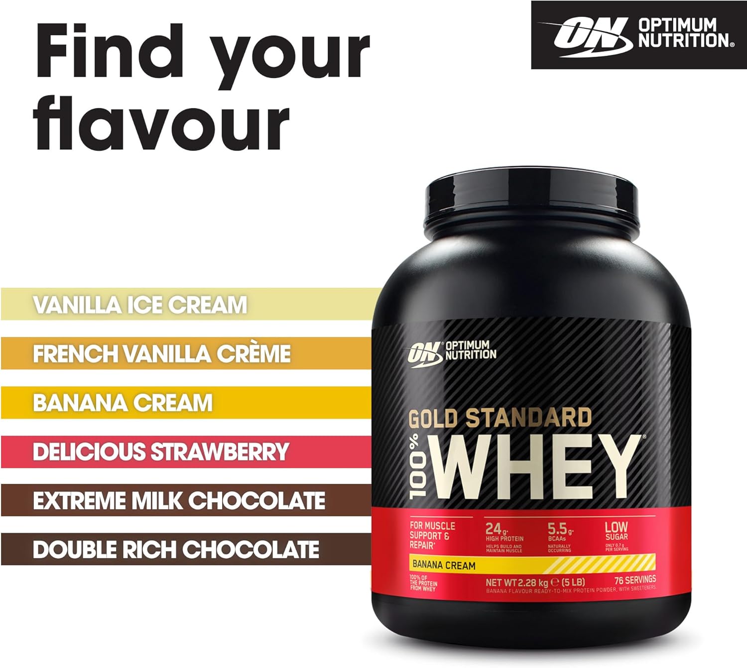Buy now Optimum Nutrition Gold Standard 100% Whey Protein Powder, Banana Cream, 5 Pound (Packaging May Vary) at indiglob india