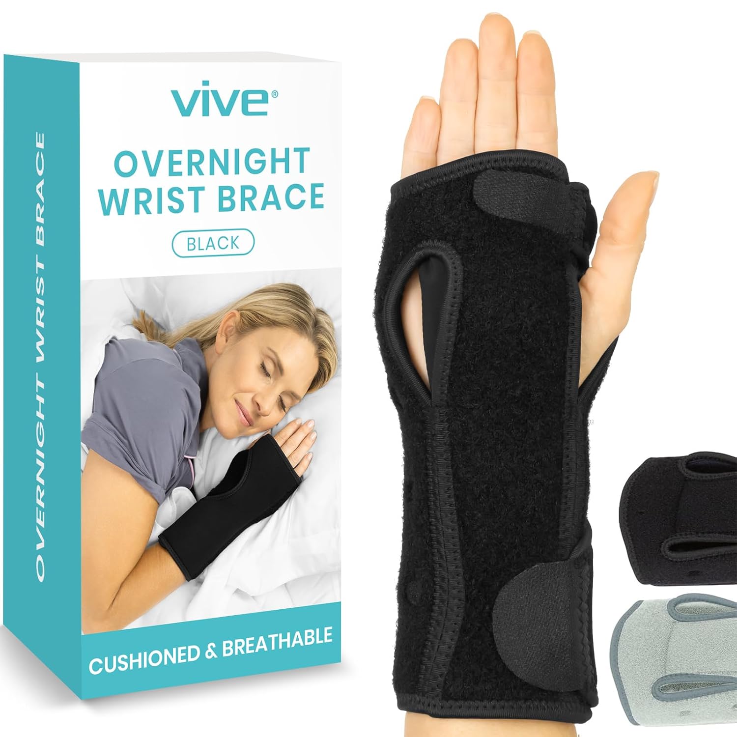 Buy now Vive Night Wrist Splint Brace - Left, Right Hand Sleep Support Wrap - Breathable & Lightweight Cushion Compression Arm Stabilizer for Carpal Tunnel, Men, Women, Kids, Tendonitis, Sports Pain Black at indiglob india