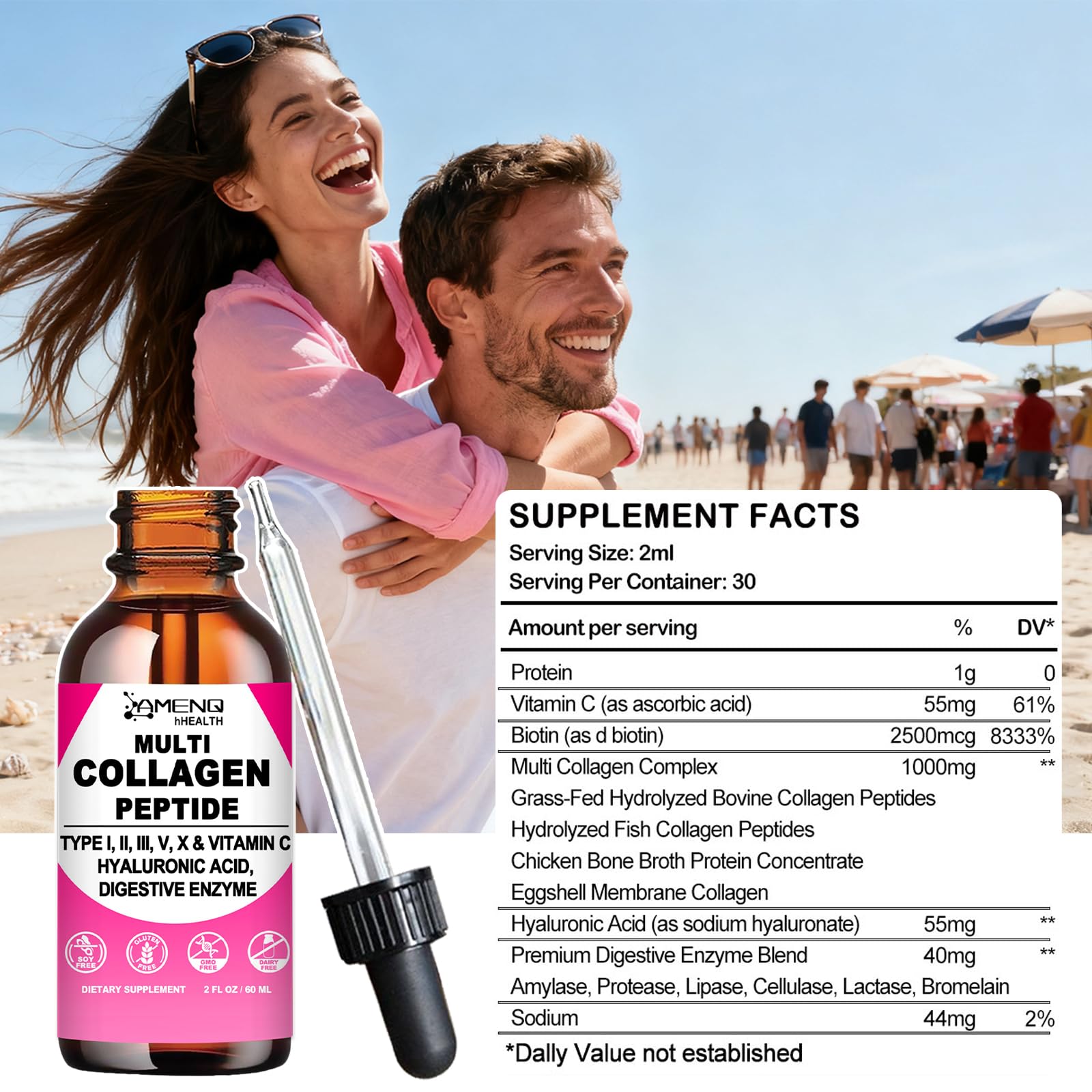 Liquid Collagen for Women & Men, Hydrolyzed Multi Collagen Peptides Drops | Types I, II, III, V & X Collagen Protein Complex (Colageno) with Hyaluronic Acid, Biotin & Vitamin C for Hair, Skin & Nails