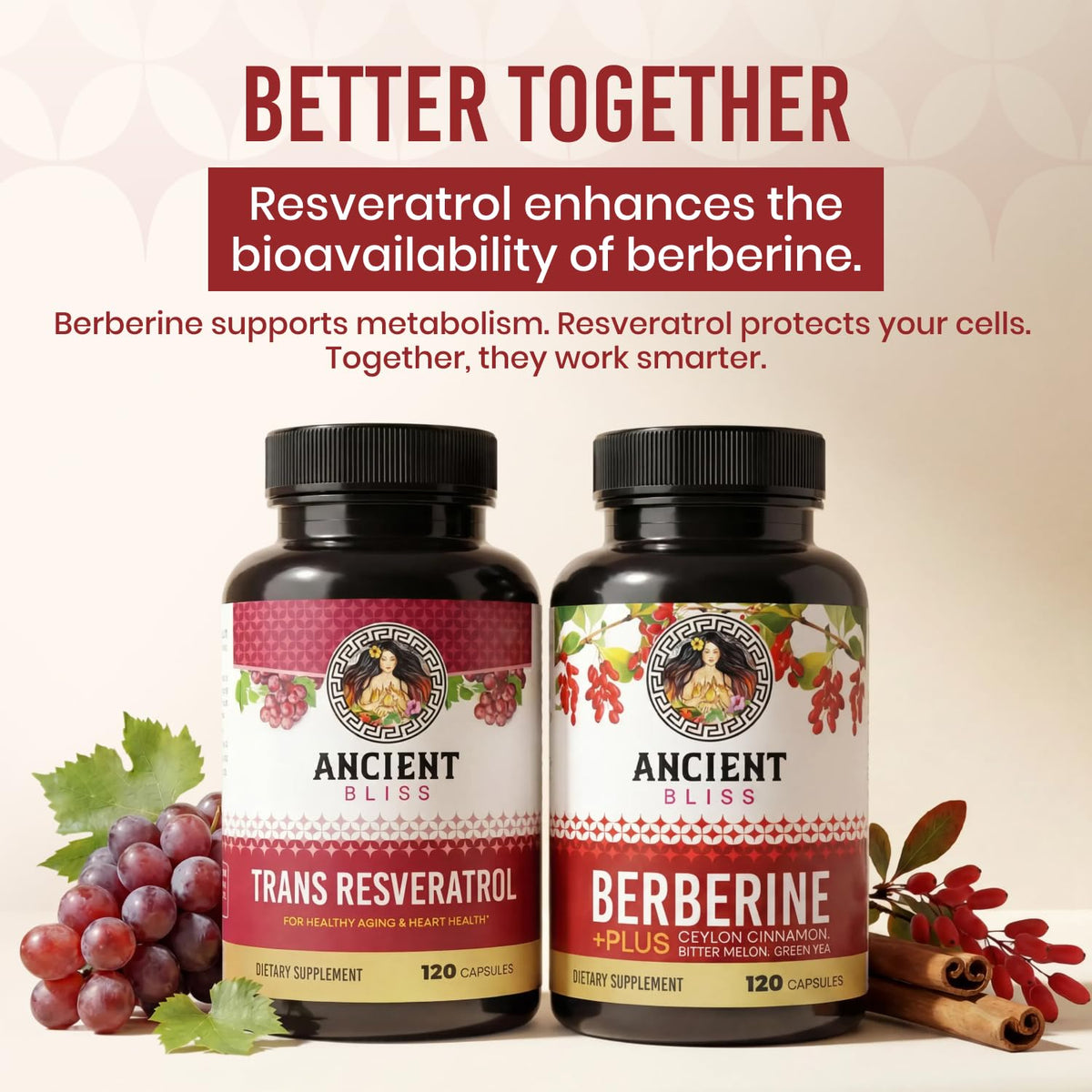 Ancient Bliss Berberine HCL 1200mg with Ceylon Cinnamon, Bitter Melon, and Green Tea Extract - 120 Capsules
