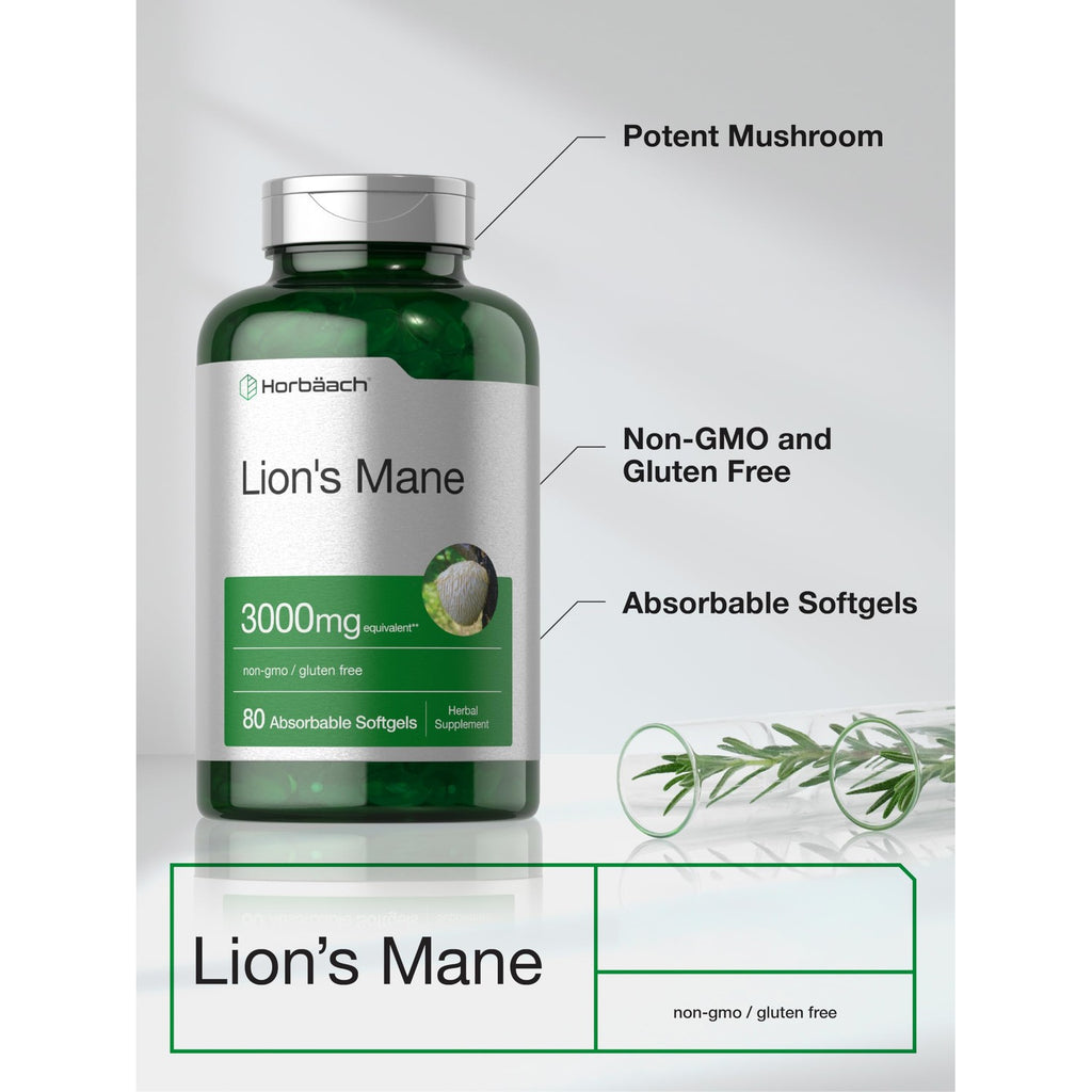 Horbäach Lions Mane Mushroom Supplement | 80 Softgel Capsules | Non-GMO & Gluten Free Extract Formula