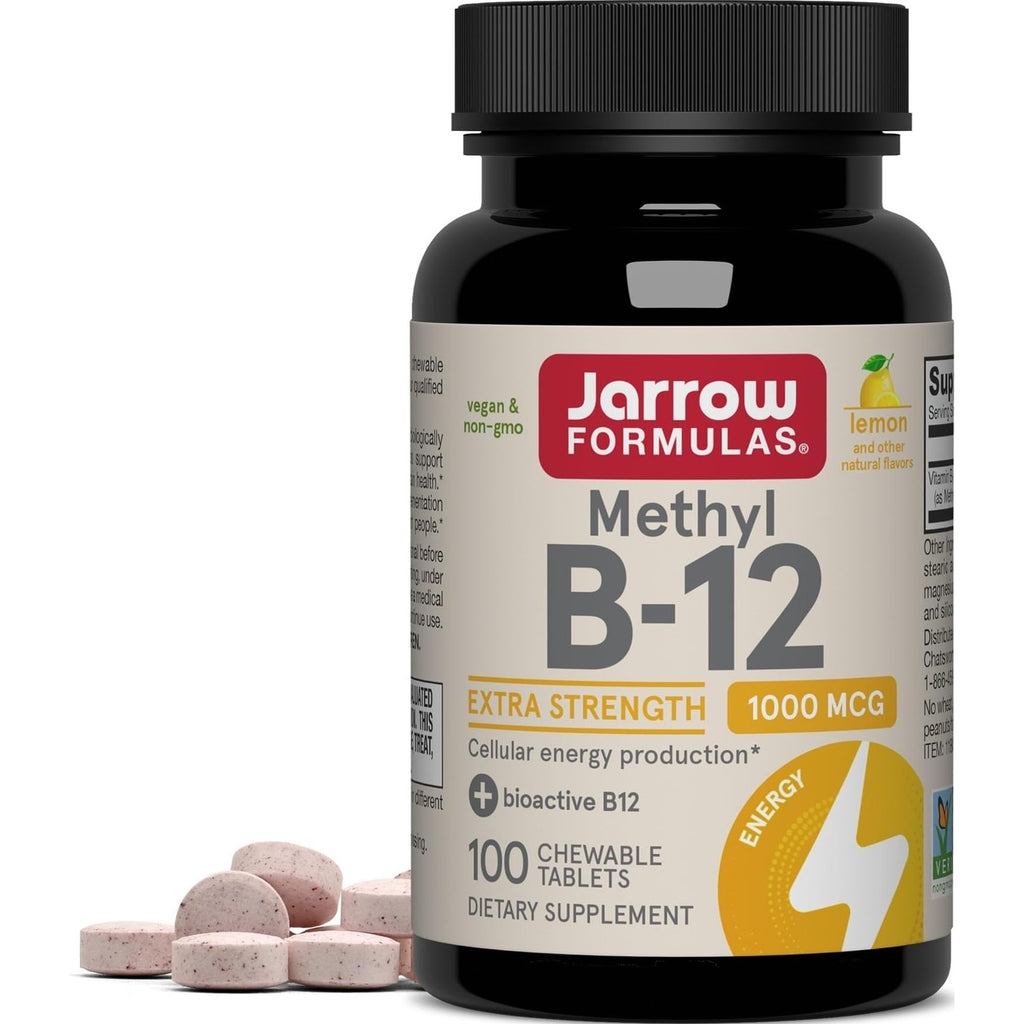 Jarrow Formulas Methyl Vitamin B-12 1000 mcg, 100 Chewable Tablets, Lemon Flavored- Vitamin B12 - Supports Cellular Energy Production, Brain Health & Metabolism - 100 Servings (Pack of 2)