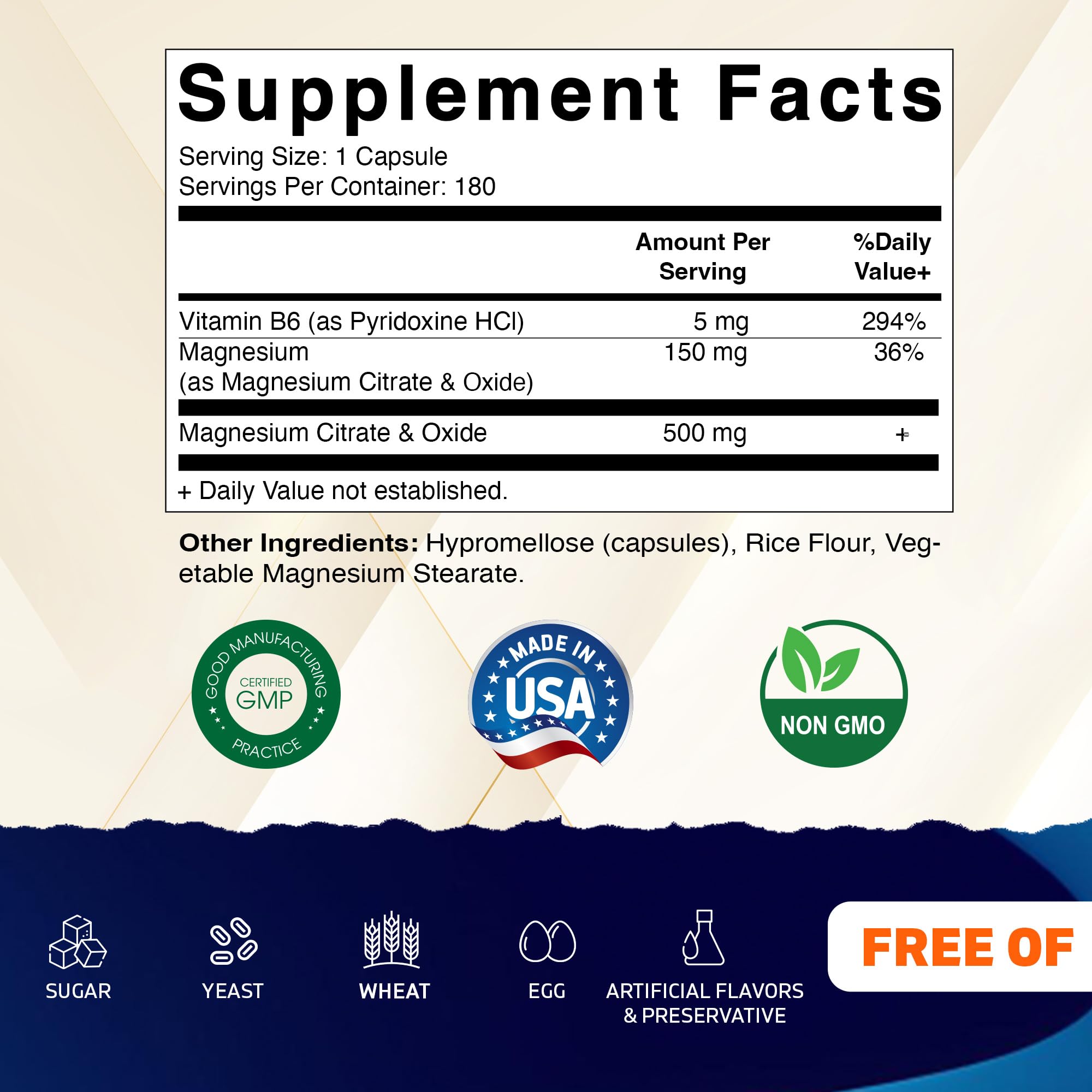 Vitamatic Magnesium Citrate 500mg per Serving - 180 Vegetarian Capsules (Provides 150 mg of Elemental Magnesium) - Added B6 for Maximum Absorption - Supports Muscle, Joint, and Heart Health*