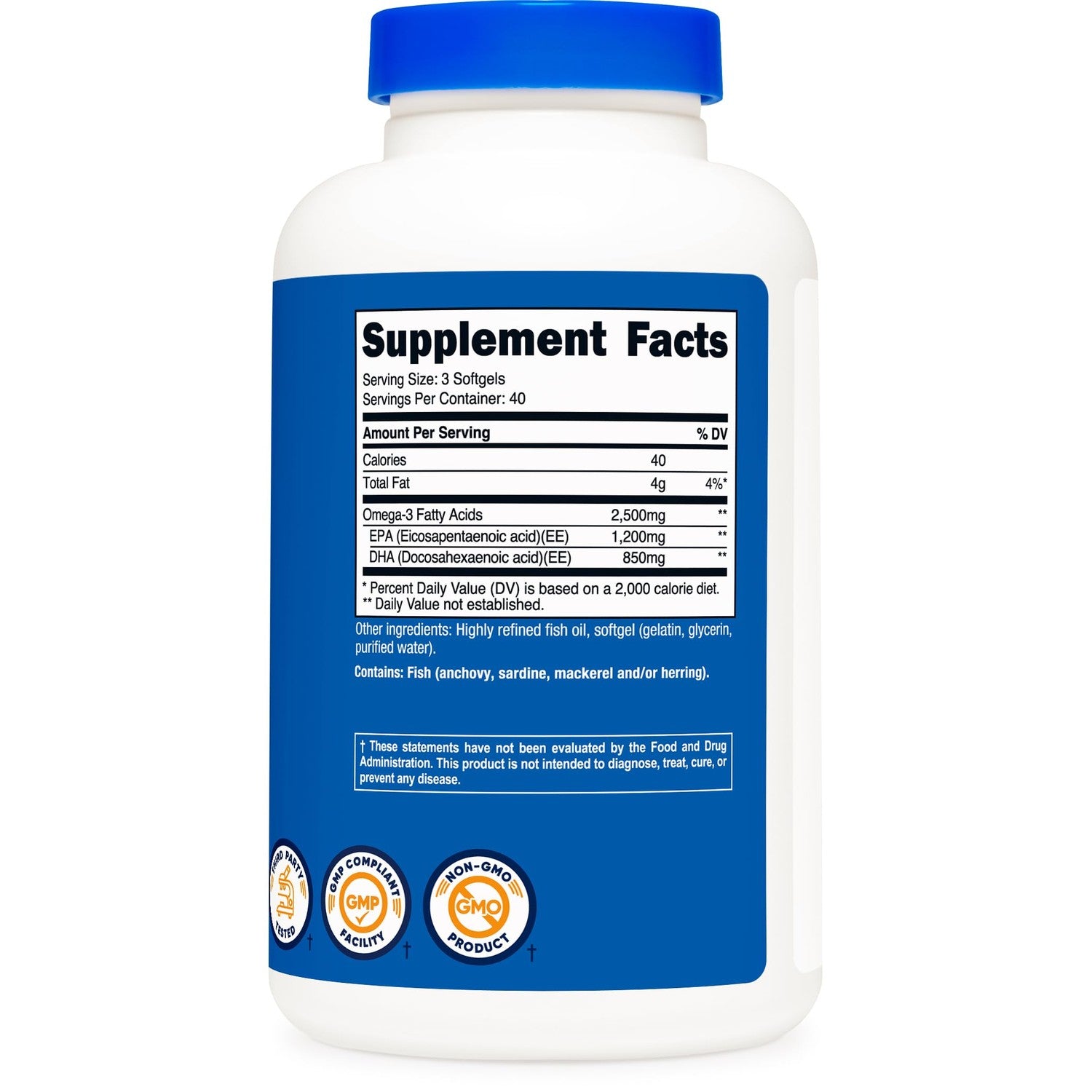 Nutricost Omega 3 Fish Oil (2500MG) 120 Softgels, 40 Servings | Fish Oil, Wild Caught! 1200mg EPA 850mg DHA, GMO-Free, Gluten Free