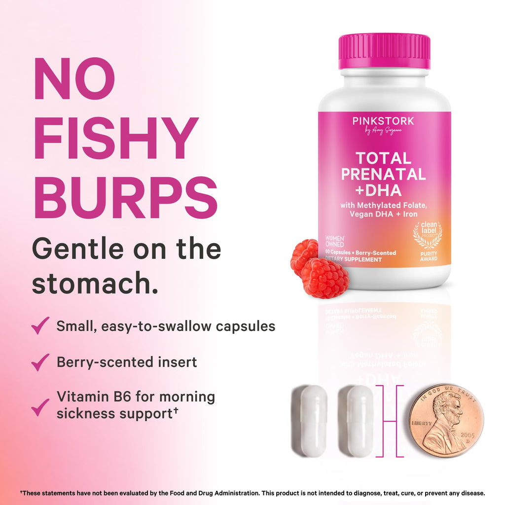 Pink Stork Total Prenatal + DHA, Vegan, No Fishy Burps, 60 Count, Berry | Methylfolate, Vegan DHA, Non-Constipating Iron, Choline, Vitamin B12 | Clean Label Purity Award, Made in USA