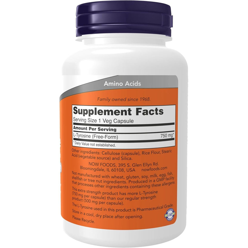 Buy now NOW Supplements, L-Tyrosine 750 mg, Supports Mental Alertness*, Neurotransmitter Support*, 90 Veg Capsules at indiglob india