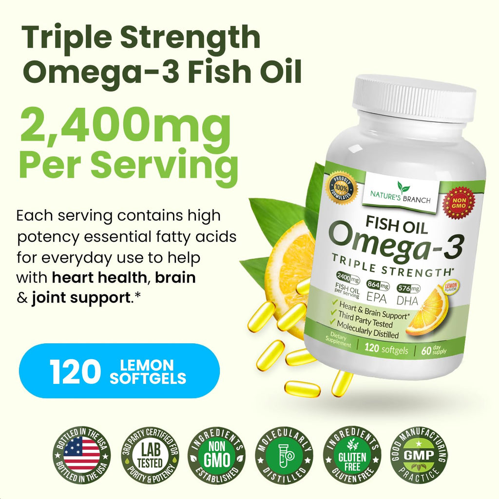 Triple Strength Omega 3 Fish Oil for Heart Health, Brain & Eyes – Burpless | High EPA & DHA Fish Oil for Men & Women, Lemon Flavor, Third Party Tested, Omega 3 Supplements for Joints – 120 Capsules