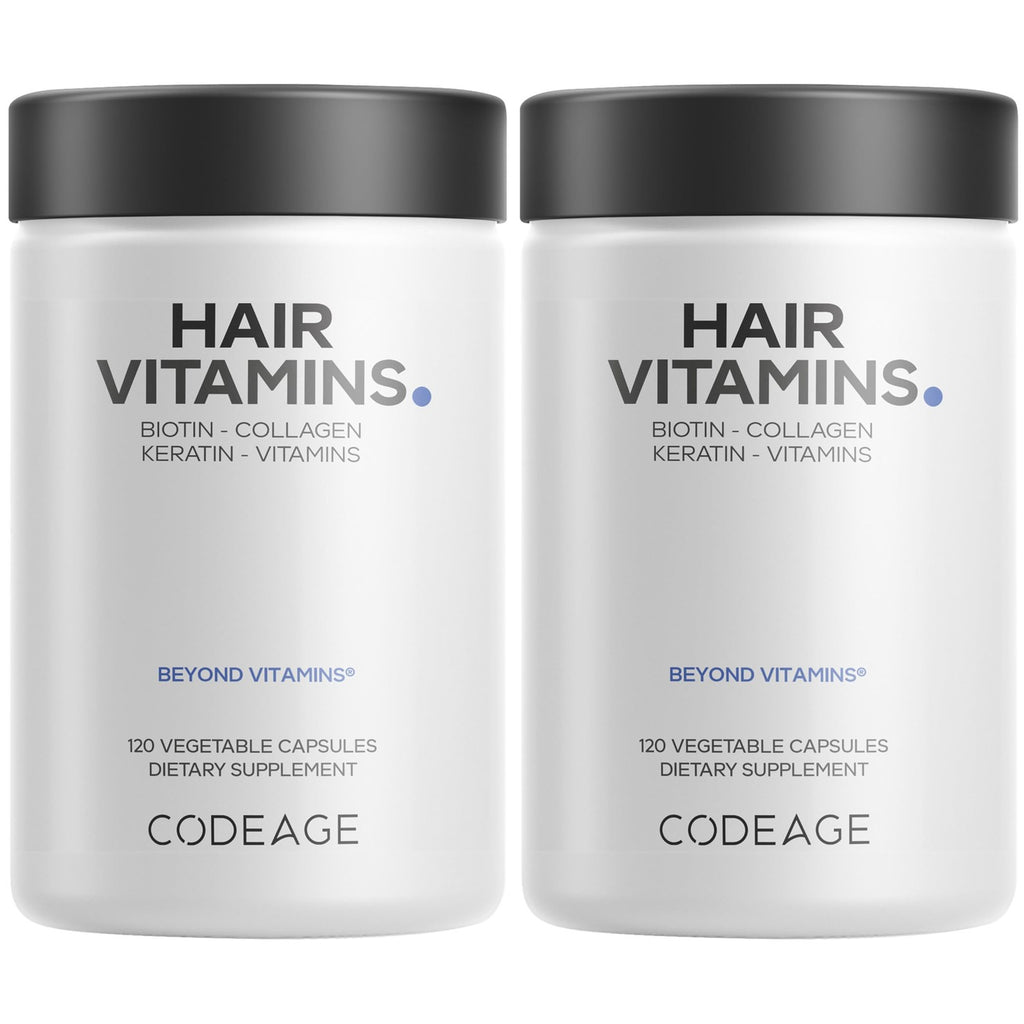 Codeage Hair Vitamins, Biotin 10000 mcg, Keratin, Collagen, 120 Capsules | Hair vitamins with 10,000 mcg biotin, keratin, collagen, vitamins A, B12, C, D3, zinc and probiotics.