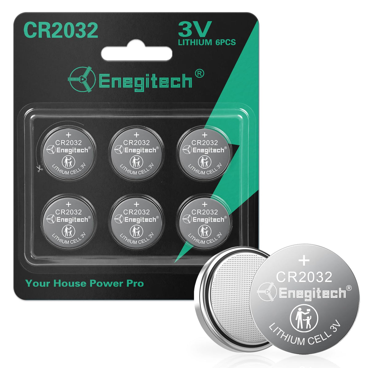 Enegitech CR2032 Batteries, CR 2032 Lithium 3V Coin Battery 6 Pack