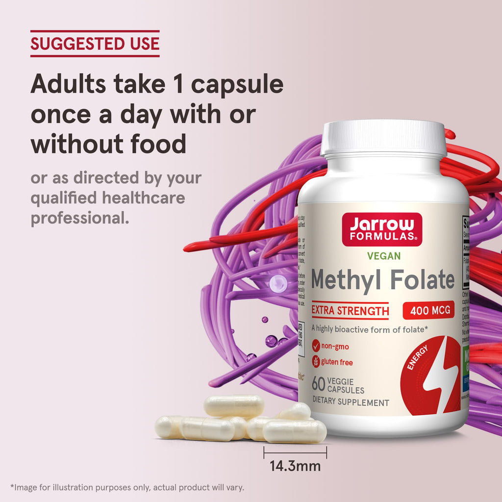 Jarrow Extra Strength Methyl Folate, Folate 400 mcg, 60 Capsules | Dietary Supplement for Cardiovascular and Neurologic Health Support, 60 Day Supply