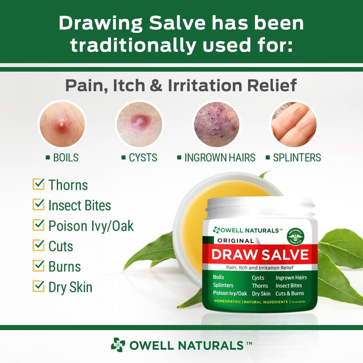 Buy now OWELL Naturals Drawing Salve Ointment for Boil & Cyst Removal, Ingrown Hair, Splinter Remover, Bug Spider Bites, Bee Sting, Mosquito Itching, Poison Ivy, Flare, Hangnail at indiglob india