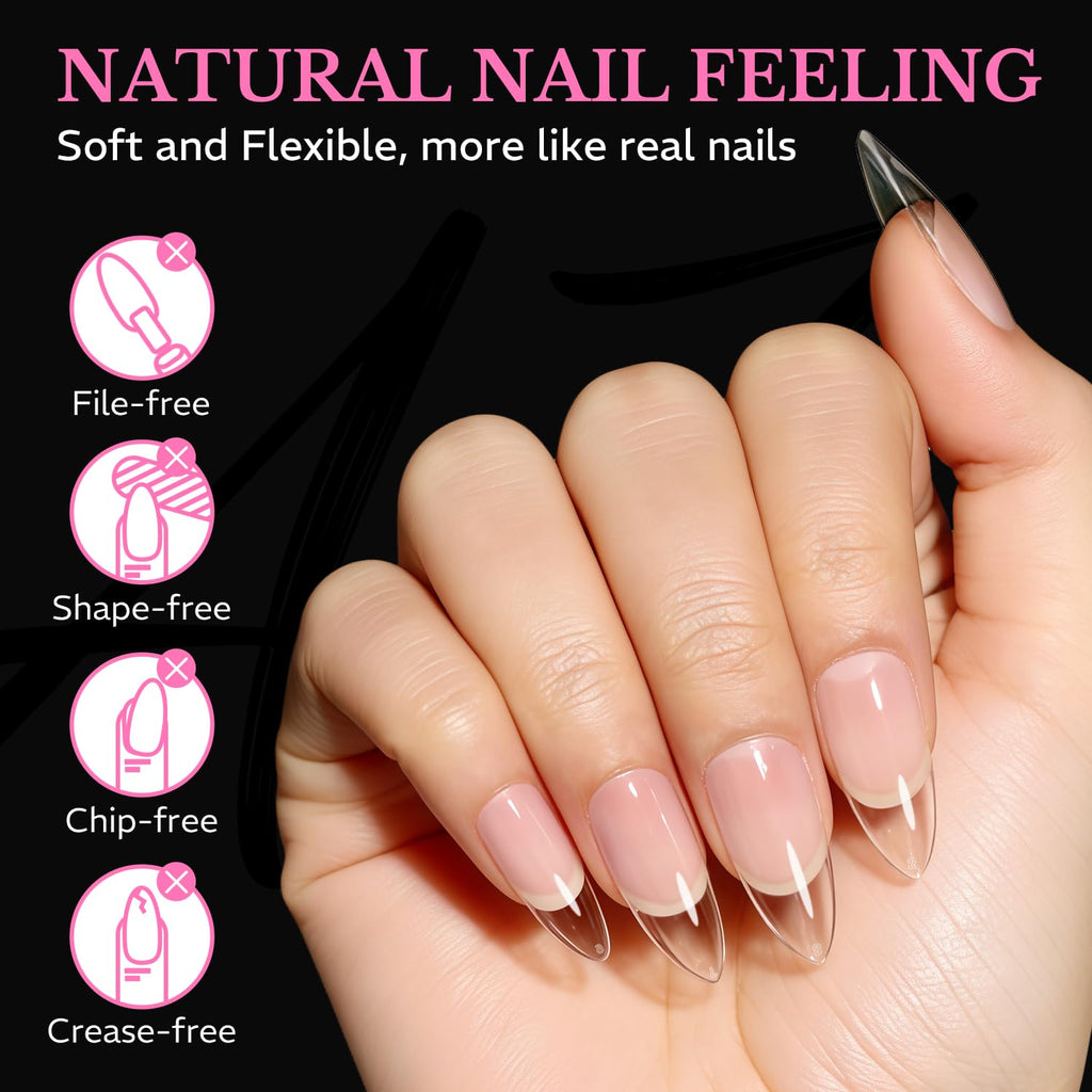Premium imported medium almond nail tips, 600pcs, soft gel with a natural feel, perfect for seamless nail designs.