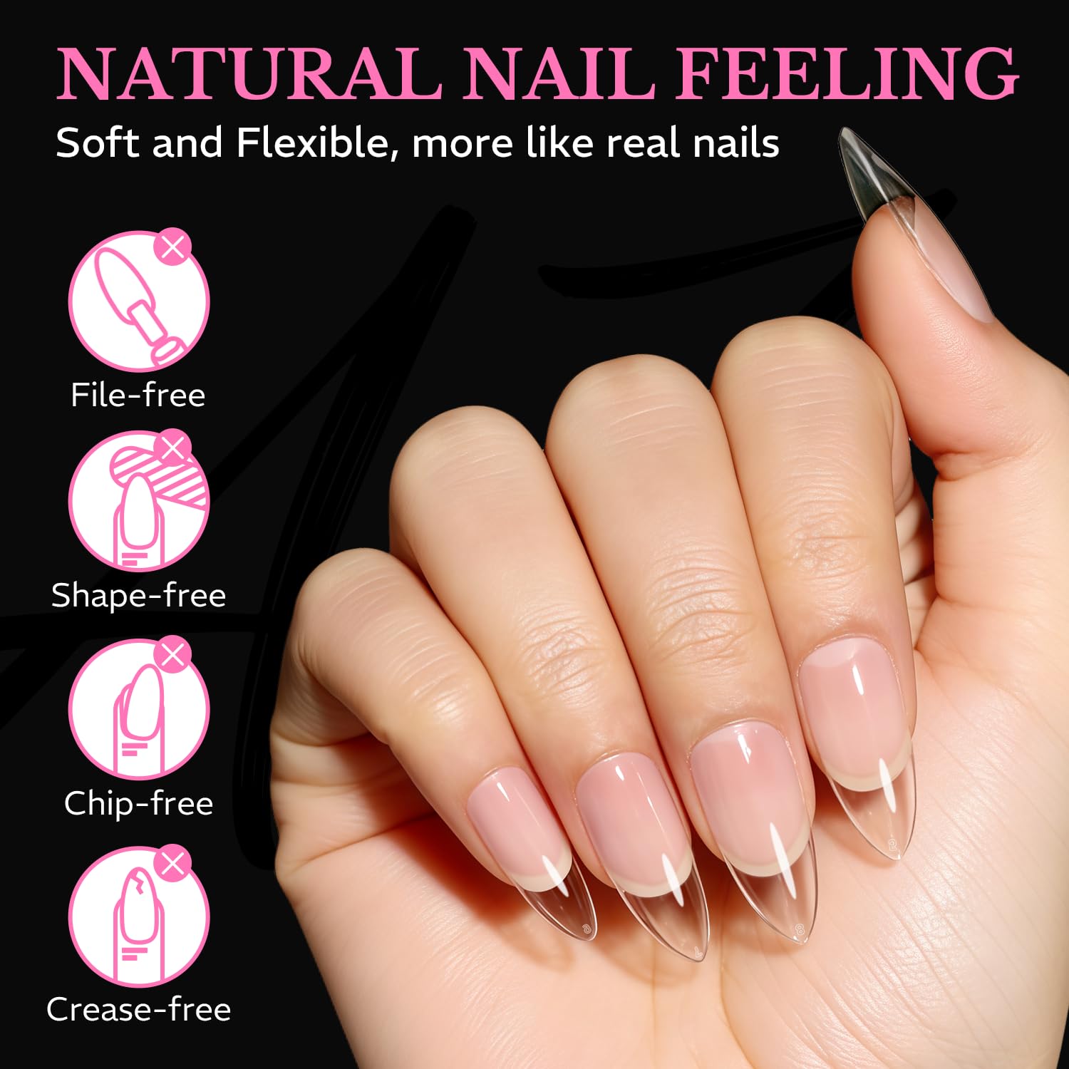 Premium imported medium almond nail tips, 600pcs, soft gel with a natural feel, perfect for seamless nail designs.
