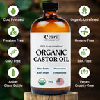 C CARE Castor Oil 100% Pure Organic Cold Pressed Unrefined Glass Bottle | USDA Certified Organic | Hexane Free Extra Virgin | For Hair Growth Eyebrows Eyelashes Skin and Castor Oil Pack Wrap | 16oz