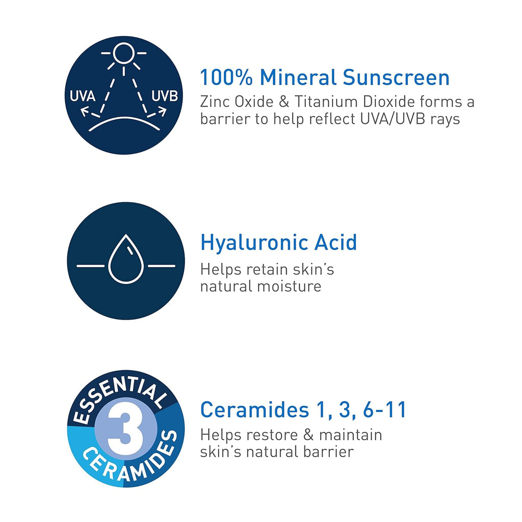 Buy now CeraVe 100% Mineral Sunscreen SPF 50 with Zinc Oxide & Titanium Dioxide, Hyaluronic Acid & Ceramides, Oil Free & Non-Greasy, Hydrating Mineral Sunscreen For Body, 5 oz at indiglob india
