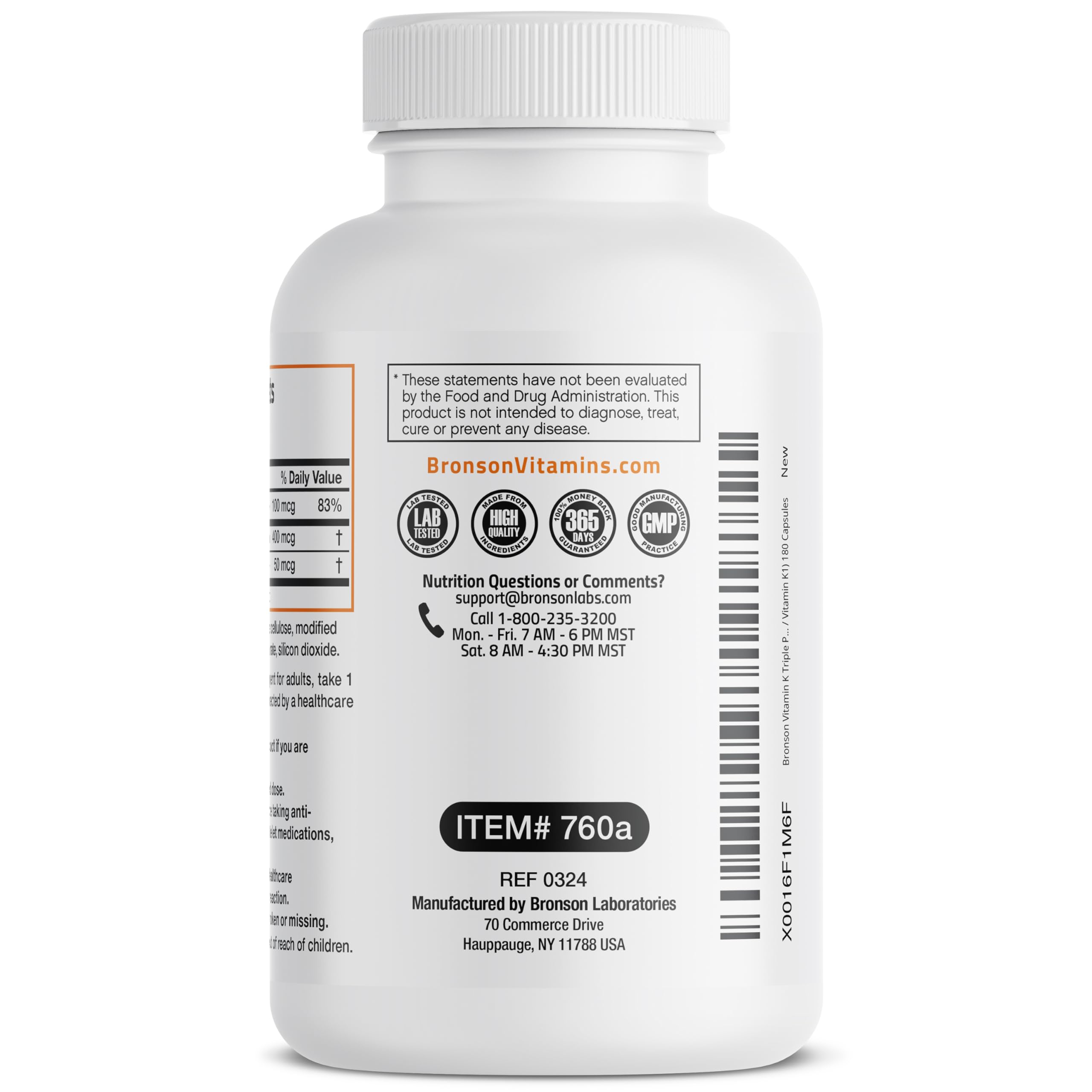Bronson Vitamin K Triple Play Full Spectrum K1 & K2 MK-4/MK-7, 180 Capsules | 550 mcg Total Vitamin K: 100 mcg K1 + 450 mcg K2, Strong Bone Support, Non-GMO & Gluten-Free