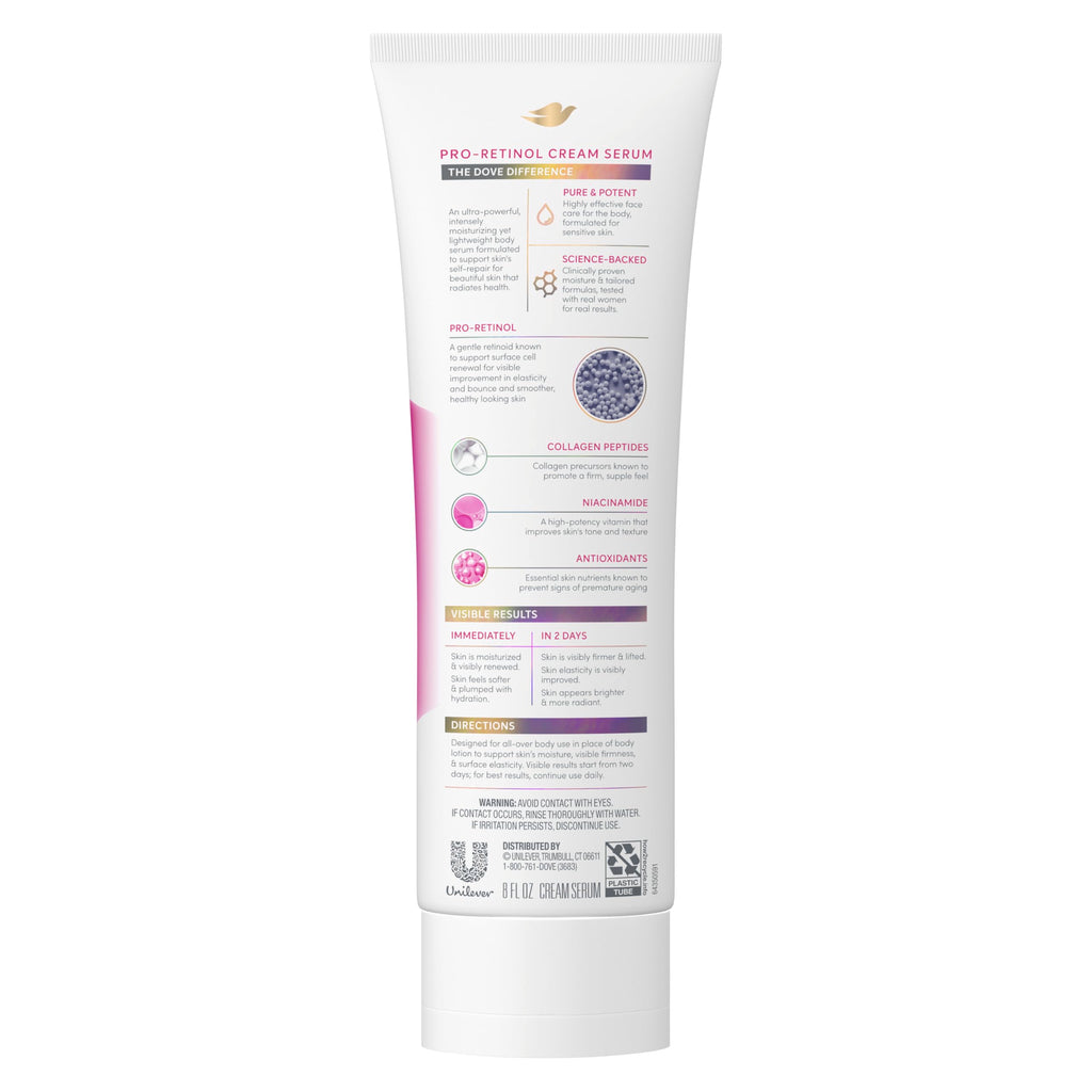 Dove Body Cream Serum Pro-Retinol + Firming Lotion for Firmness 8oz | Hydrating Lotion for Elasticity, with Collagen Peptides, Niacinamide and Antioxidants, Lightweight formula