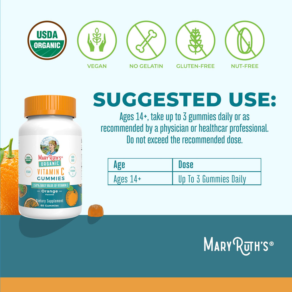 MARYRUTH'S USDA Organic Vitamin C Gummies, Antioxidant, Non-GMO, 60 Count | Vegan Chewable for Ages 14+, Immune Support & Overall Wellness, Gluten Free
