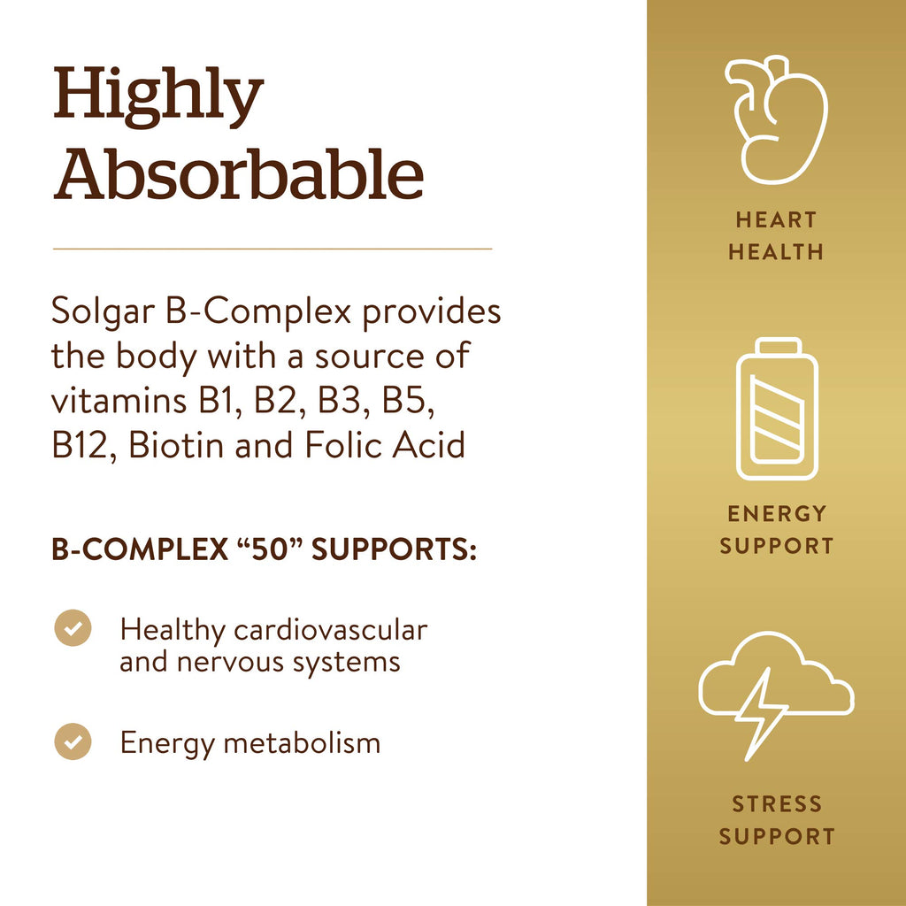 Solgar B-Complex 50", 250 Vegetable Capsules - Energy Metabolism | Cardiovascular Support, Nervous System Support - Non-GMO, Vegan, Gluten Free, Dairy Free, Kosher - 250 Servings