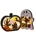 SULOLI Halloween Wooden Lighted Pumpkin for Tabletop, 2pcs Light Up Pumpkin Ghost Lamp Lantern Shadow Box Halloween Table Decorations Ornament