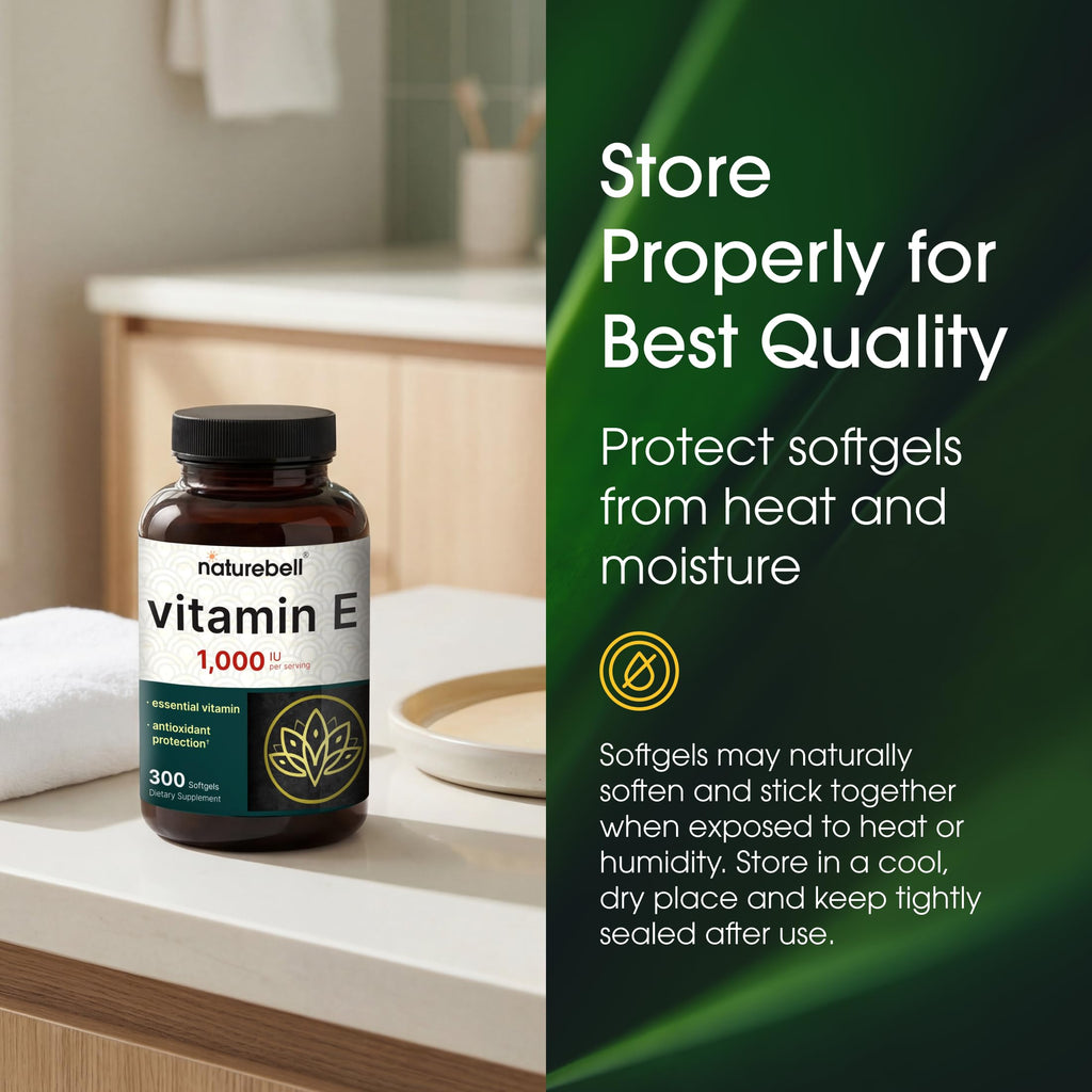 NatureBell Vitamin E 1,000 IU Per Serving - 300 Softgels (5-Month Supply) - 3rd Party Tested Antioxidant Supplement for Skin, Heart & Brain Health Support - High Potency* - Gluten-Free & Non-GMO