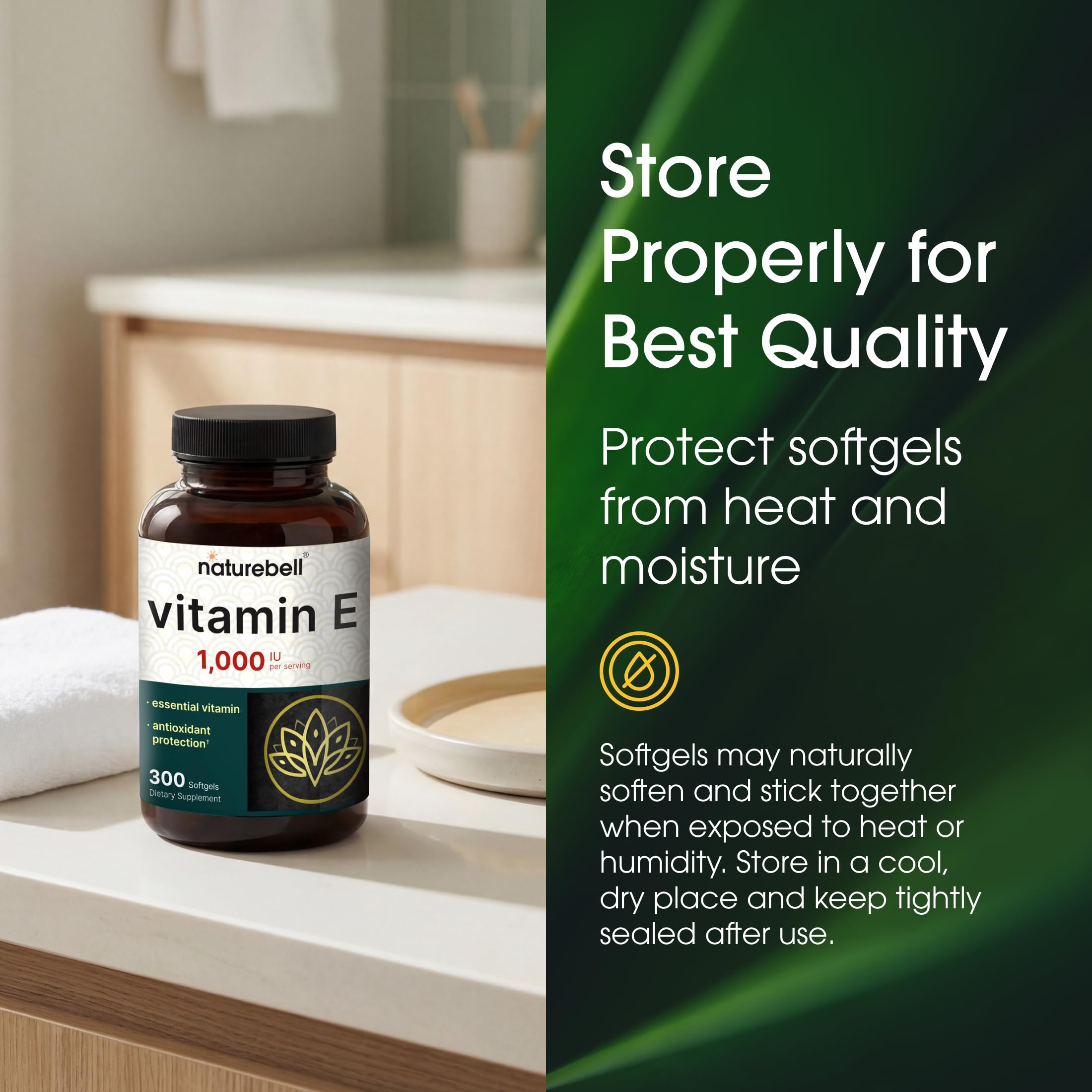 NatureBell Vitamin E 1,000 IU Per Serving - 300 Softgels (5-Month Supply) - 3rd Party Tested Antioxidant Supplement for Skin, Heart & Brain Health Support - High Potency* - Gluten-Free & Non-GMO