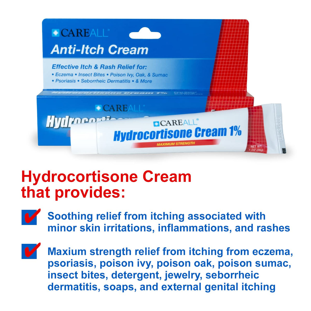 CareAll Hydrocortisone 1%, 1oz Tube, Maximum Strength Anti-Itch Cream, Relief from Itching and Redness from Bug Bites, Eczema, Psoriasis, Poison Ivy, Oak and Sumac. (Pack of 1)