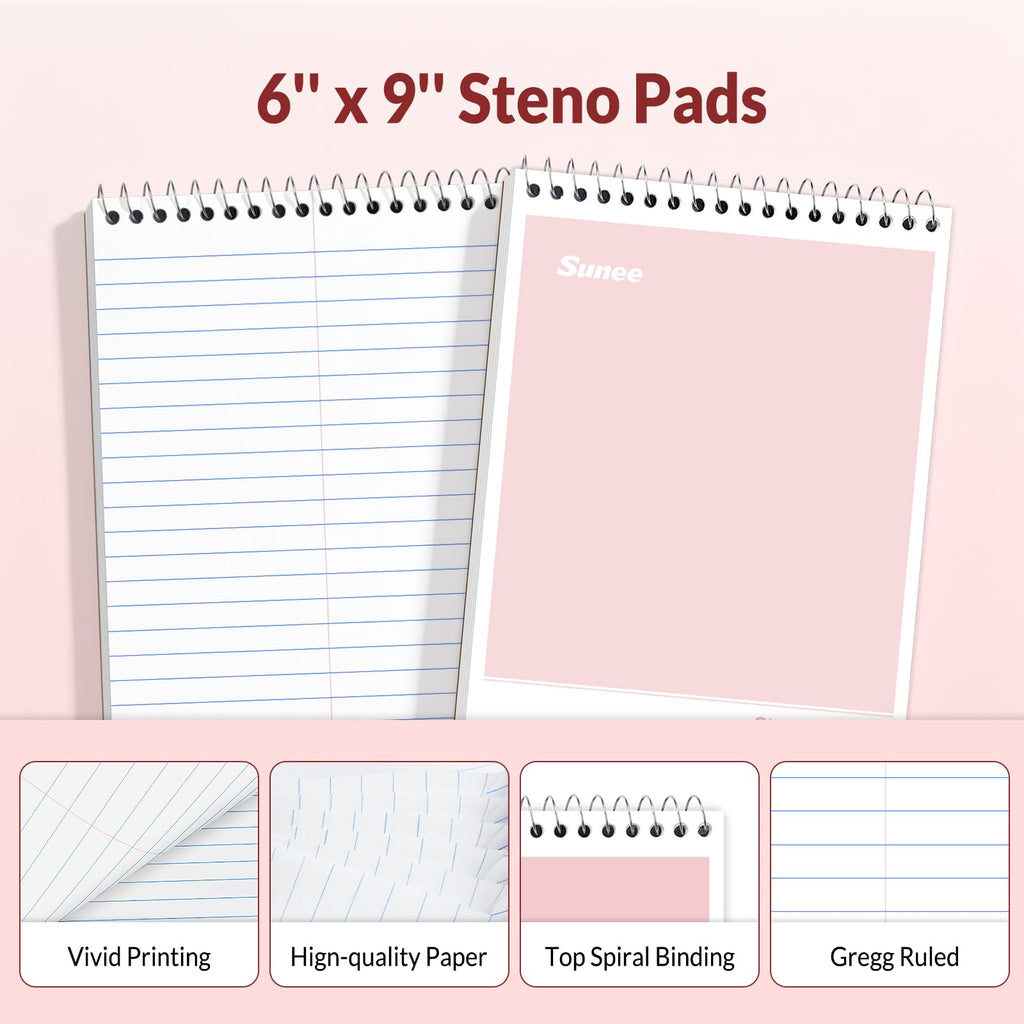SUNEE 12 Pack Steno Pads 6x9 Inch, Gregg Rule, 60 Sheets, 6 Assorted Color Top Spiral Notebook, White Paper for School, University, College, Work and Office