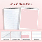 SUNEE 12 Pack Steno Pads 6x9 Inch, Gregg Rule, 60 Sheets, 6 Assorted Color Top Spiral Notebook, White Paper for School, University, College, Work and Office