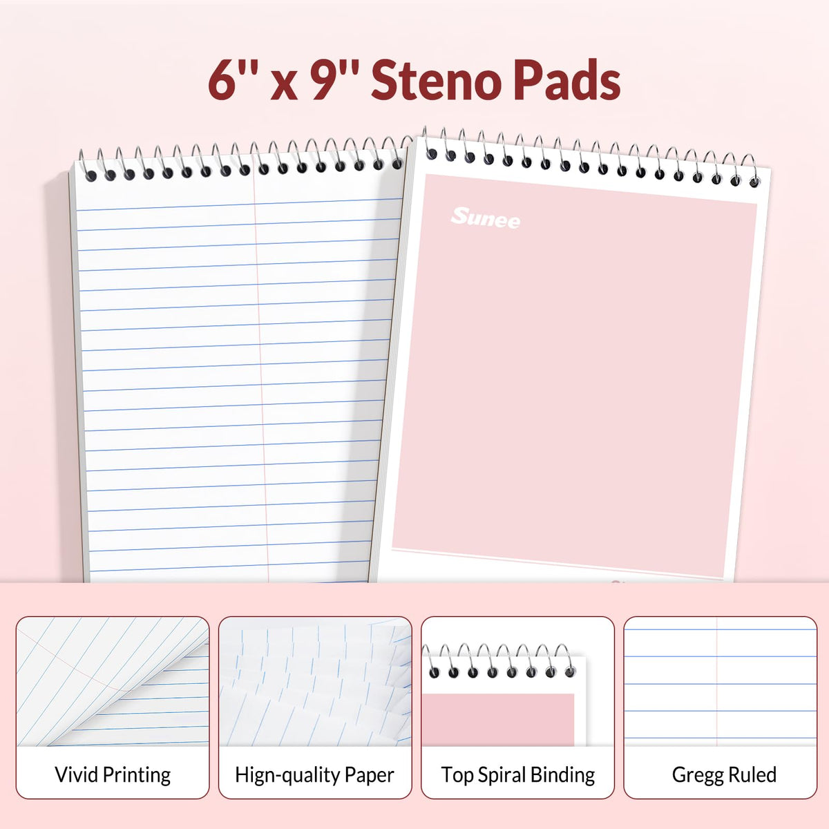 SUNEE 12 Pack Steno Pads 6x9 Inch, Gregg Rule, 60 Sheets, 6 Assorted Color Top Spiral Notebook, White Paper for School, University, College, Work and Office