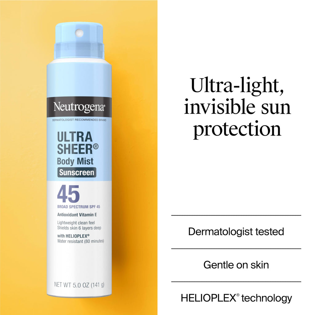 Buy now Neutrogena Ultra Sheer Body Mist Sunscreen Spray, Broad Spectrum SPF 45, Lightweight Spray Sunscreen, Non-Greasy & Water Resistant, Oil-Free & Non-Comedogenic UVA/UVB, 5 oz Pack of 3 at indiglob india