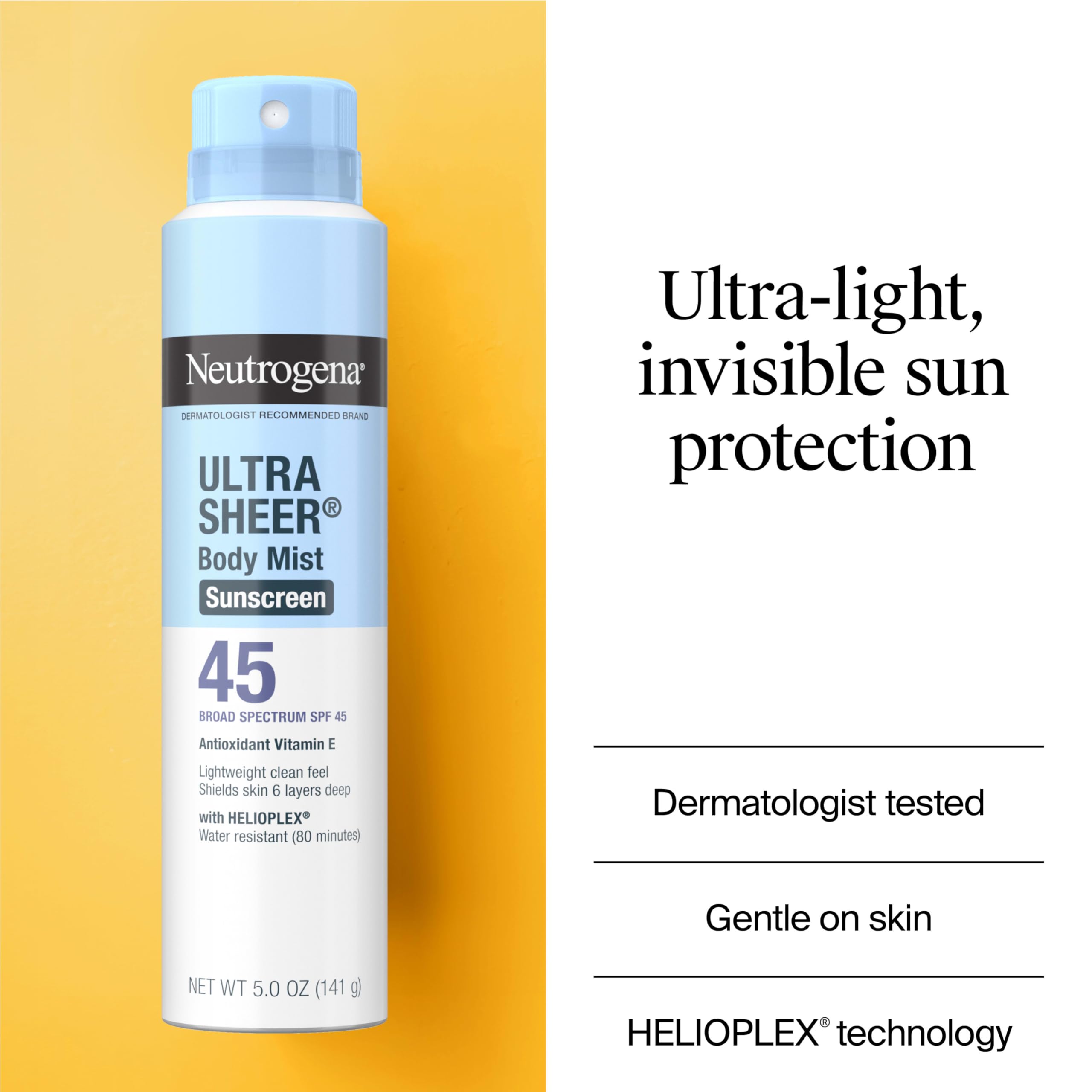 Buy now Neutrogena Ultra Sheer Body Mist Sunscreen Spray, Broad Spectrum SPF 45, Lightweight Spray Sunscreen, Non-Greasy & Water Resistant, Oil-Free & Non-Comedogenic UVA/UVB, 5 oz Pack of 3 at indiglob india