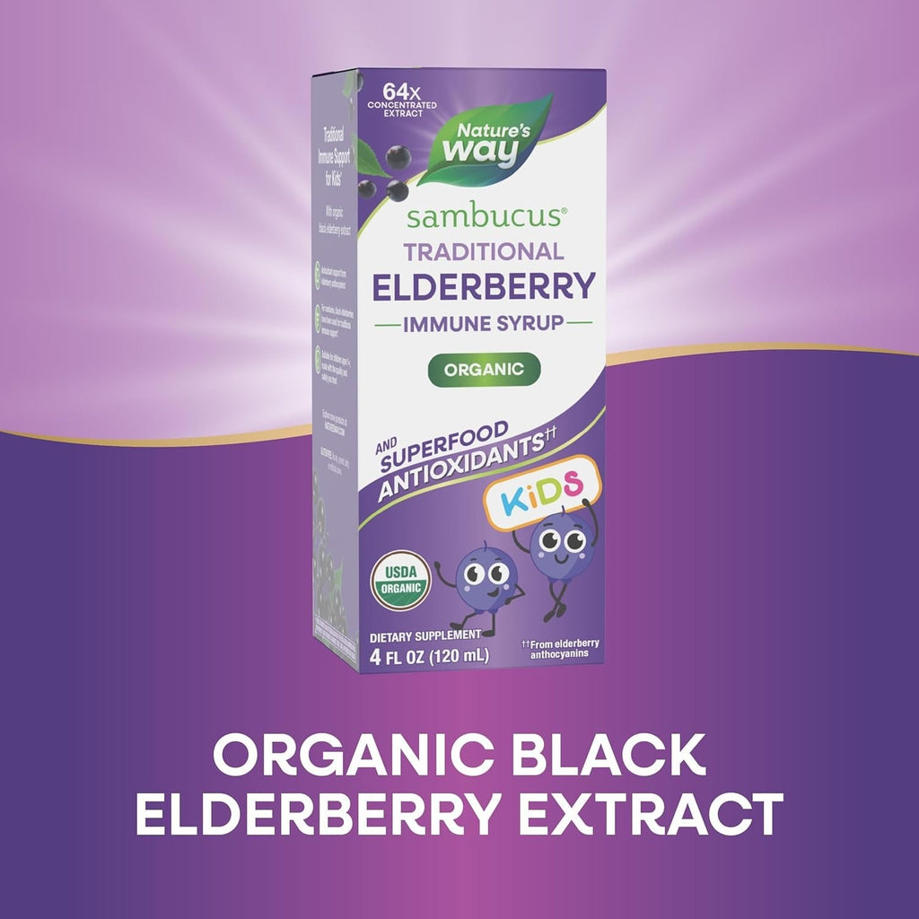 Buy now Nature's Way Sambucus Elderberry Traditional Immune Syrup for Ages 1+, Traditional Immune Support*, Antioxidant Support*, Black Elderberry Extract, USDA Certified Organic, 4 Fl Oz at indiglob india